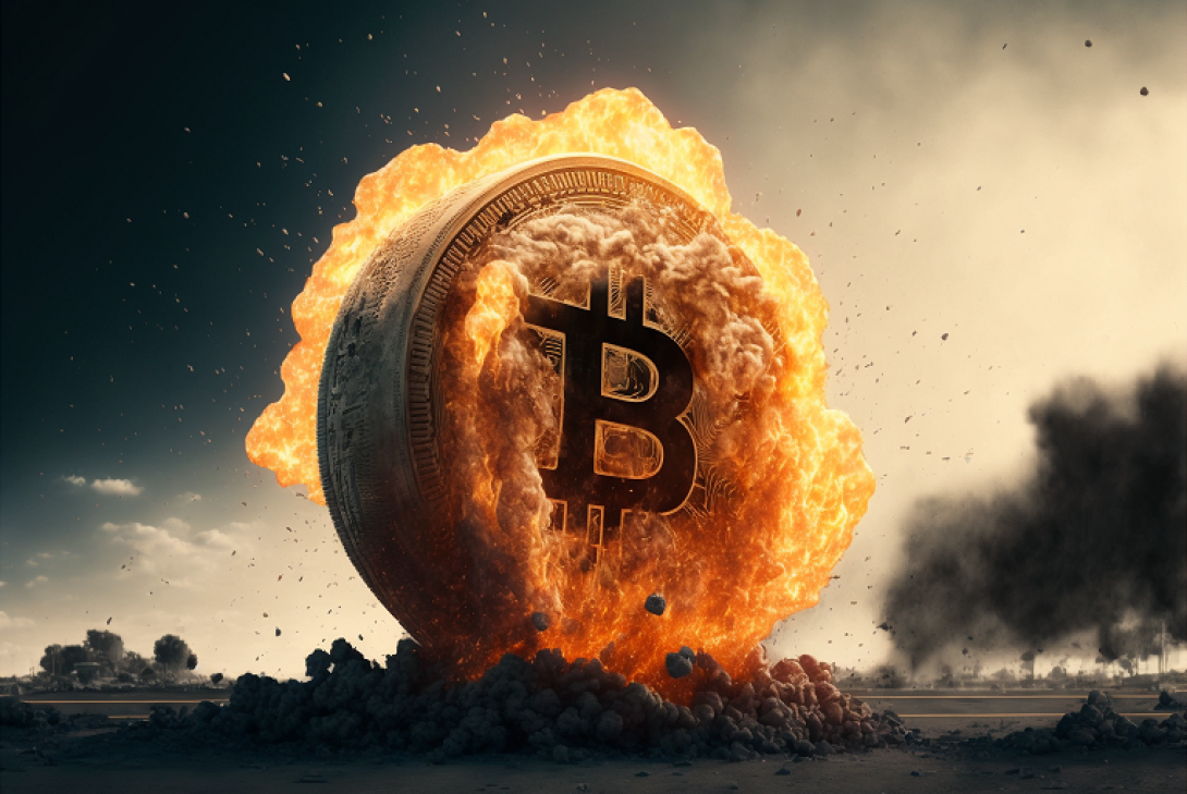 Bitcoin symbol burning in flames
