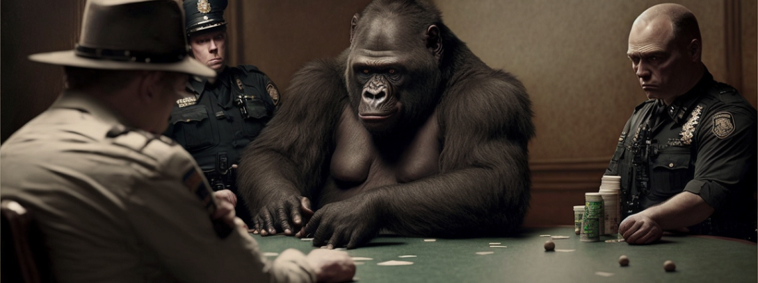 Un gorille à une table de poker, entouré de policiers